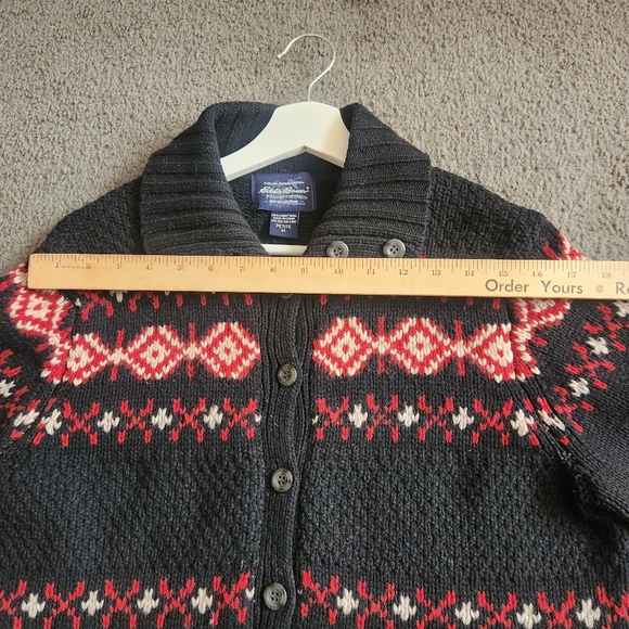 EDDIE BAUER Women's Cardigan Petite Medium Black 100% Lambswool VTG 90s Sweater - Picture 8 of 9